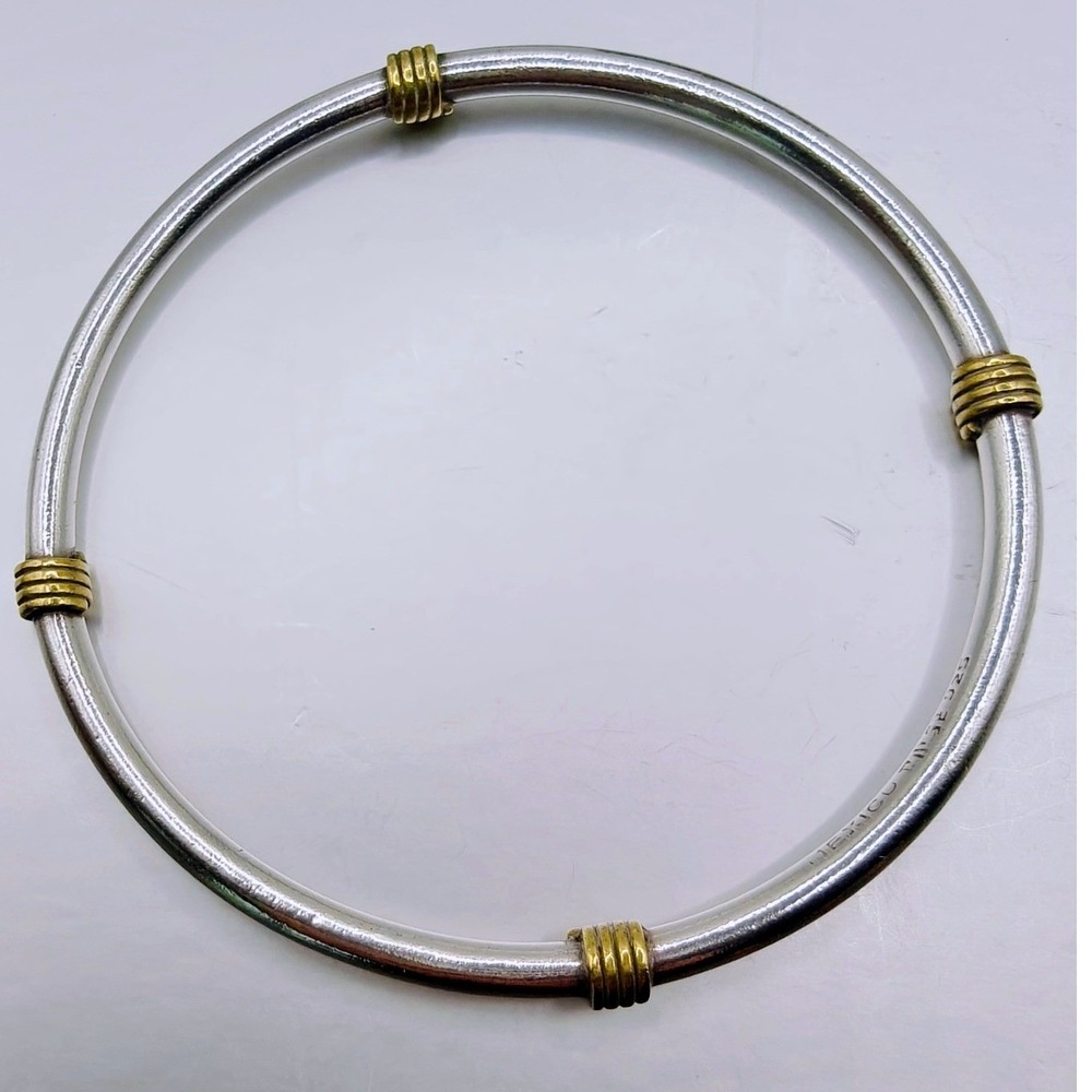 Vintage Mexico 925 Sterling Silver Bangle Bracelet Gold Tone Ribbed Accents 12g